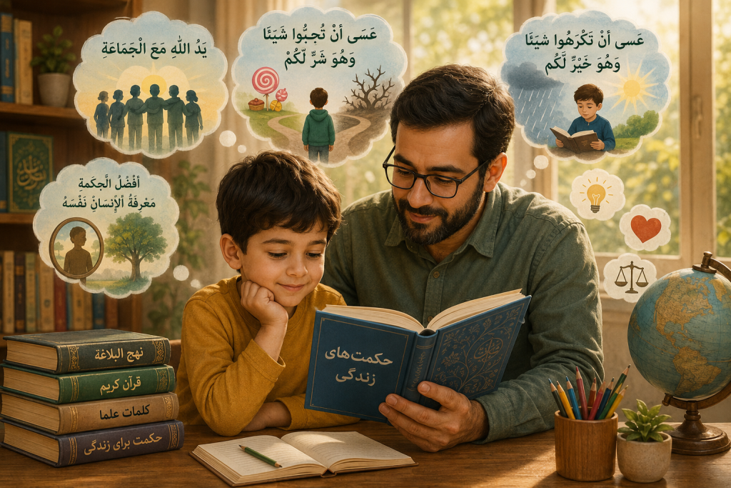 والدی در حال آموزش جملات حکیمانه به کودک و پرورش تفکر و خردورزی